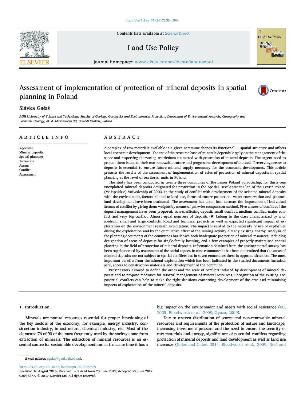 Assessment of implementation of protection of mineral deposits in spatial planning in Poland