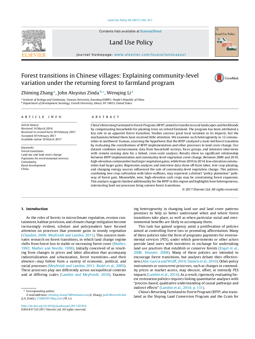 انتقال جنگل ها در روستاهای چینی: تبیین تغییرات در سطح جامعه تحت جنگل بازگشت به برنامه های کشاورزی