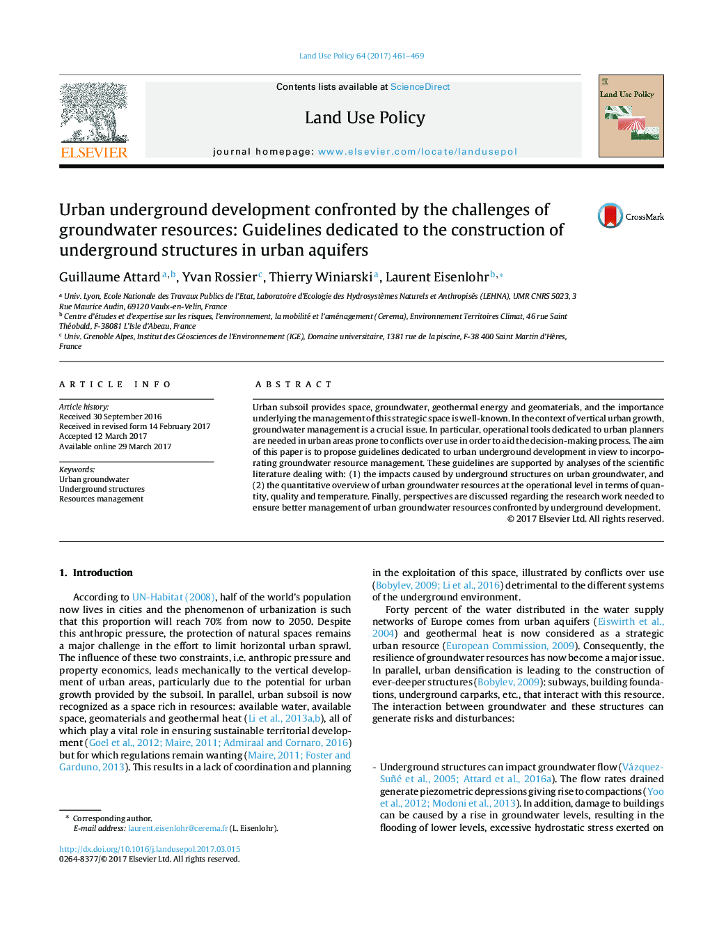 Urban underground development confronted by the challenges of groundwater resources: Guidelines dedicated to the construction of underground structures in urban aquifers