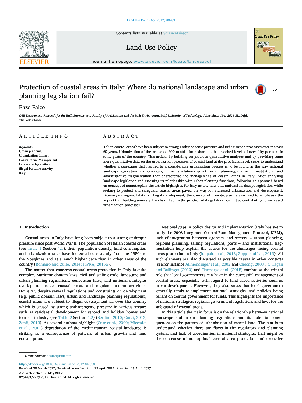 Protection of coastal areas in Italy: Where do national landscape and urban planning legislation fail?