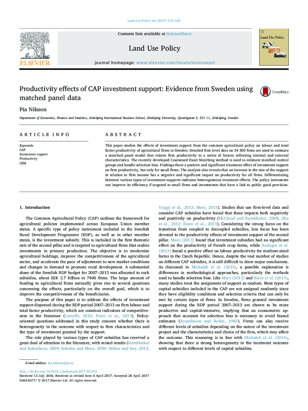 Productivity effects of CAP investment support: Evidence from Sweden using matched panel data