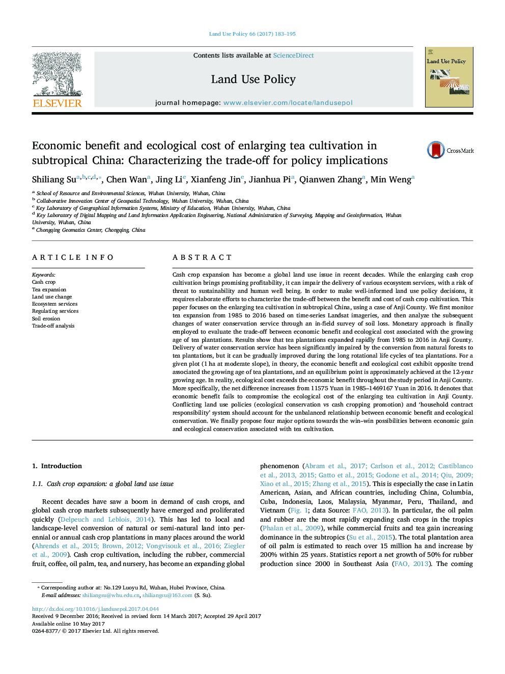 Economic benefit and ecological cost of enlarging tea cultivation in subtropical China: Characterizing the trade-off for policy implications