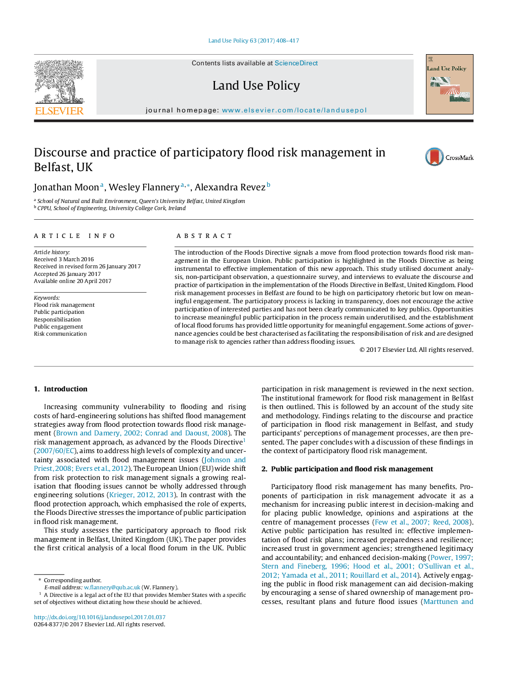 Discourse and practice of participatory flood risk management in Belfast, UK