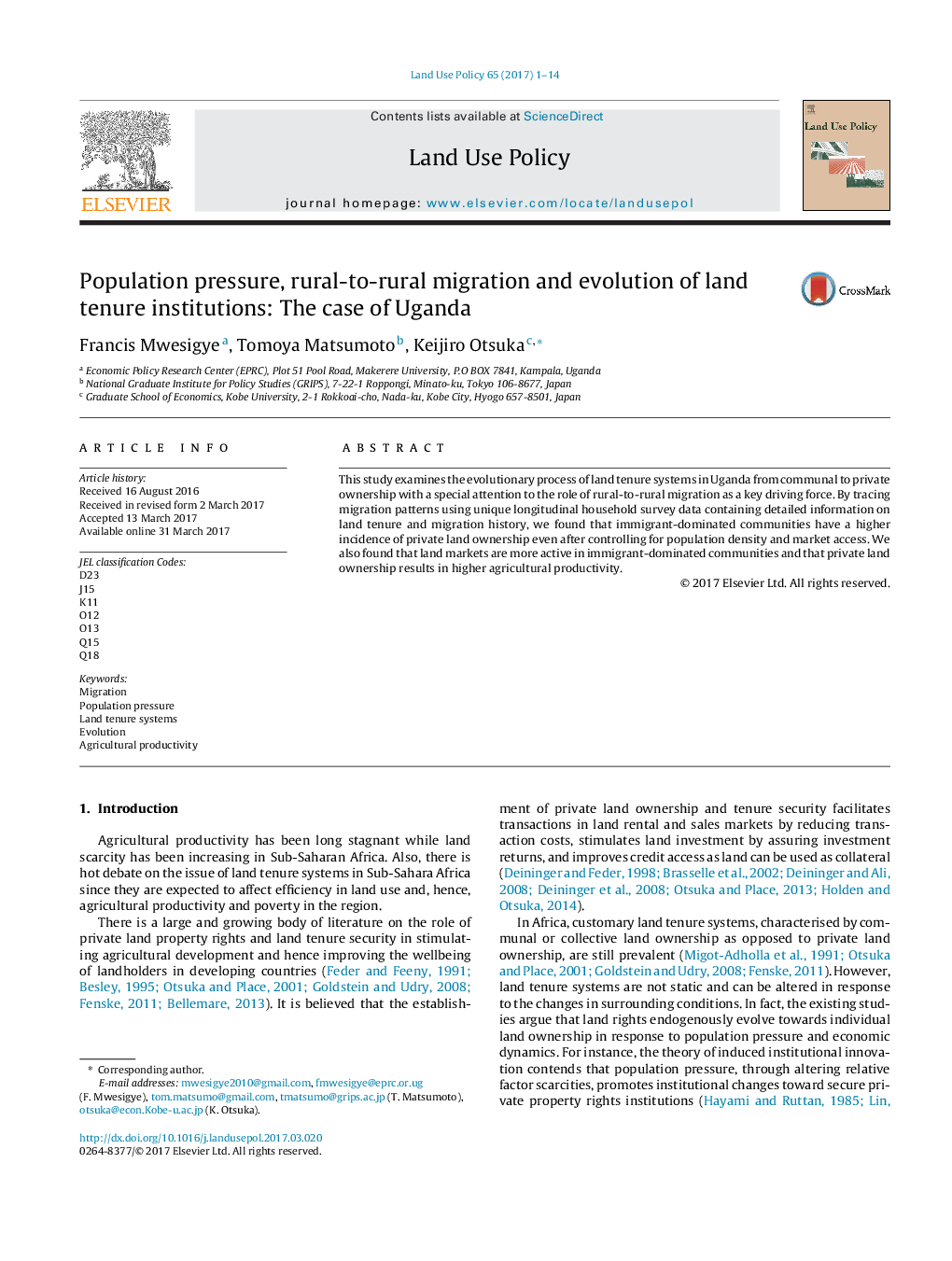 Population pressure, rural-to-rural migration and evolution of land tenure institutions: The case of Uganda