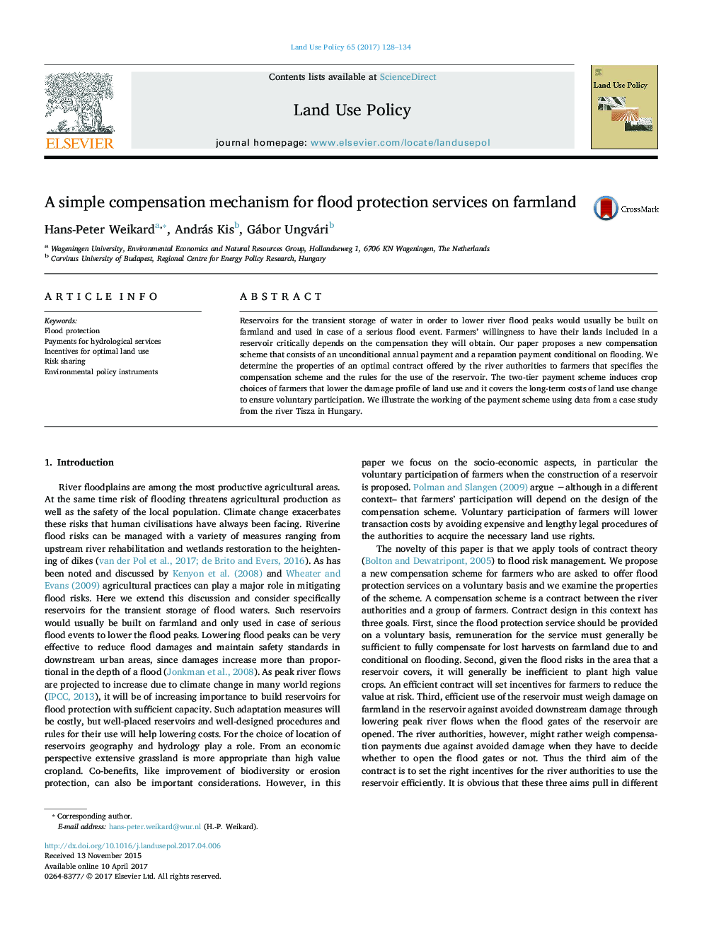 A simple compensation mechanism for flood protection services on farmland