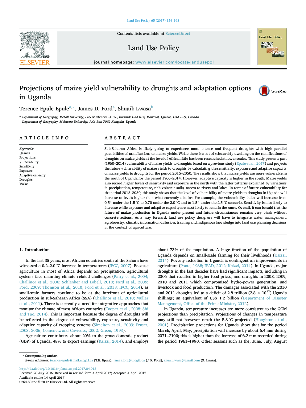 Projections of maize yield vulnerability to droughts and adaptation options in Uganda