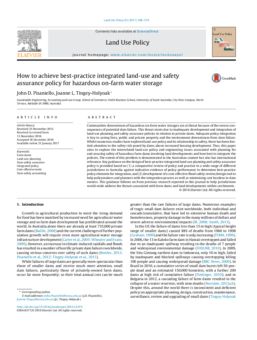 How to achieve best-practice integrated land-use and safety assurance policy for hazardous on-farm water storage