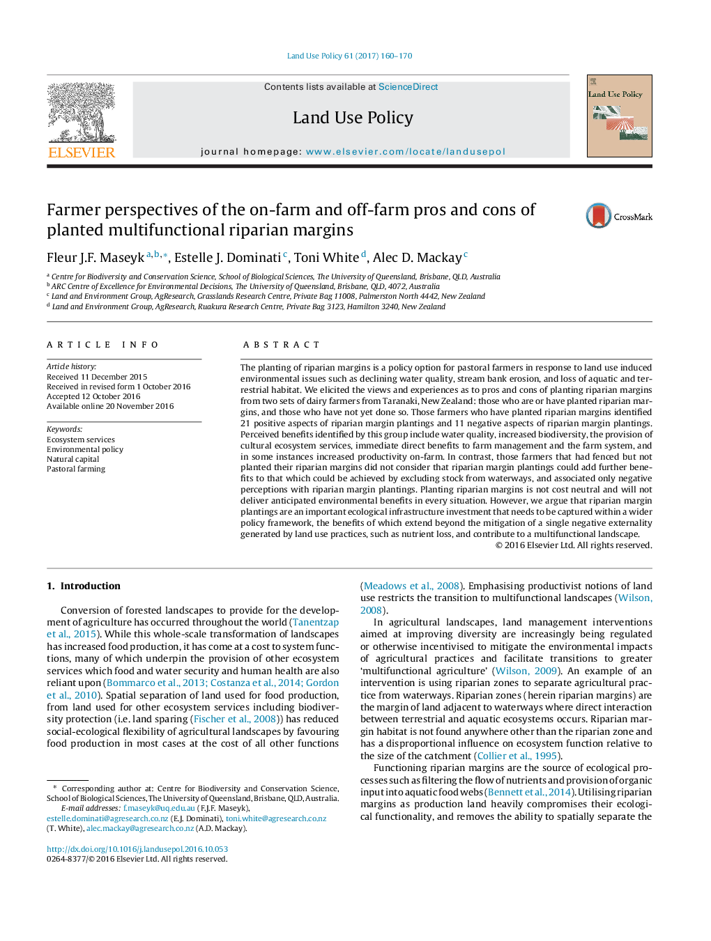 Farmer perspectives of the on-farm and off-farm pros and cons of planted multifunctional riparian margins