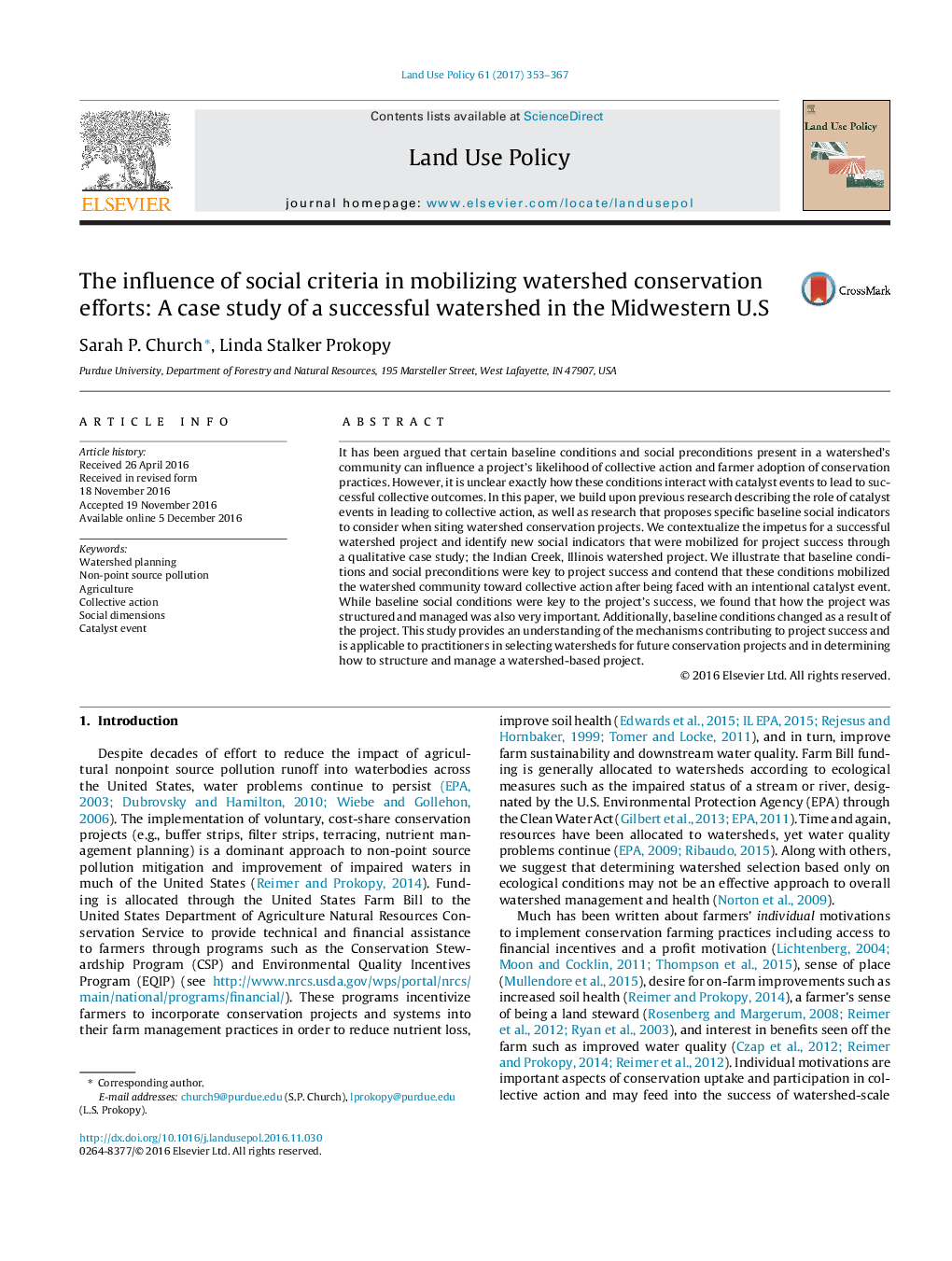 The influence of social criteria in mobilizing watershed conservation efforts: A case study of a successful watershed in the Midwestern U.S