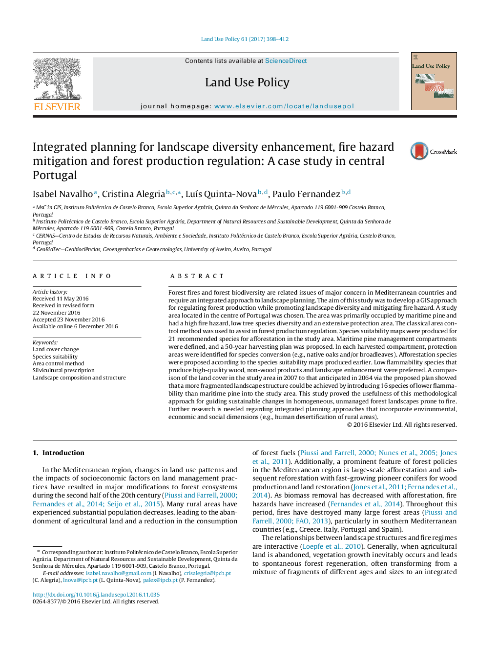 Integrated planning for landscape diversity enhancement, fire hazard mitigation and forest production regulation: A case study in central Portugal