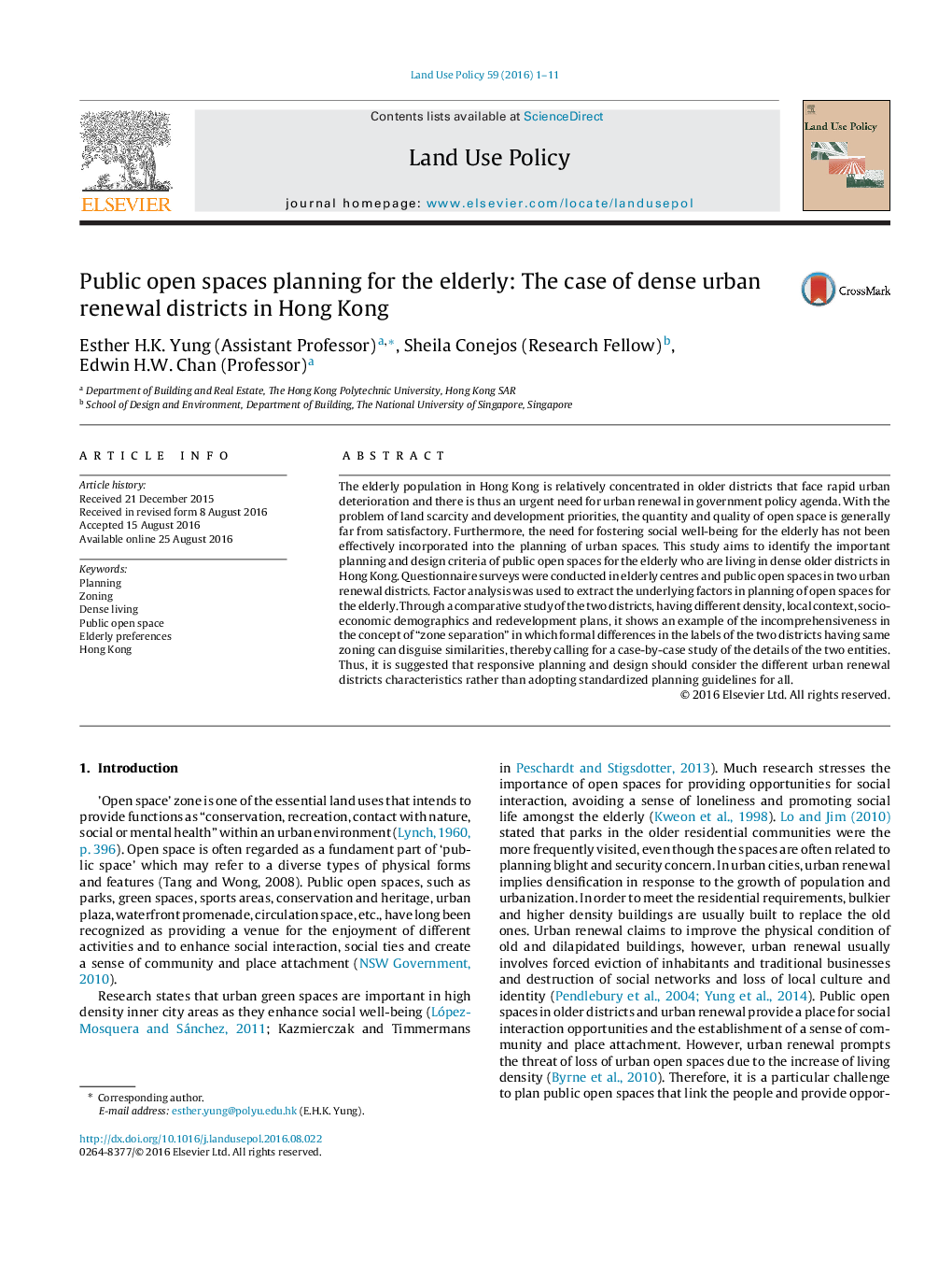 Public open spaces planning for the elderly: The case of dense urban renewal districts in Hong Kong