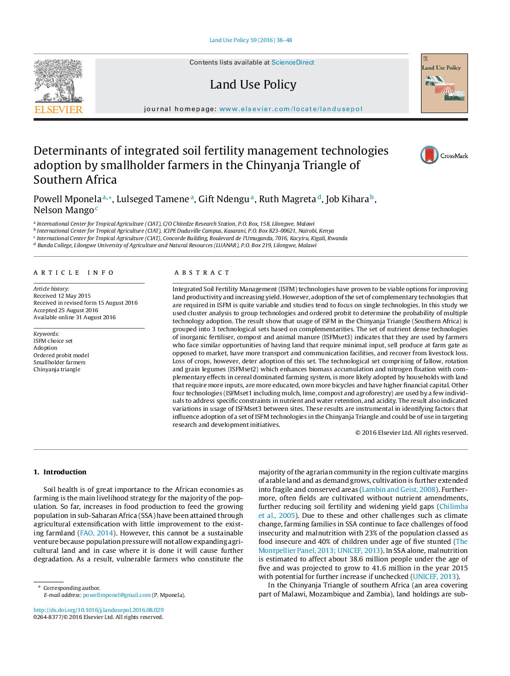 Determinants of integrated soil fertility management technologies adoption by smallholder farmers in the Chinyanja Triangle of Southern Africa