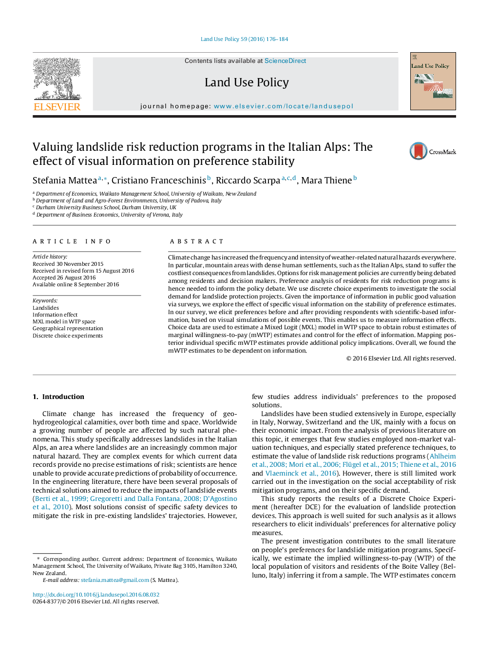 Valuing landslide risk reduction programs in the Italian Alps: The effect of visual information on preference stability