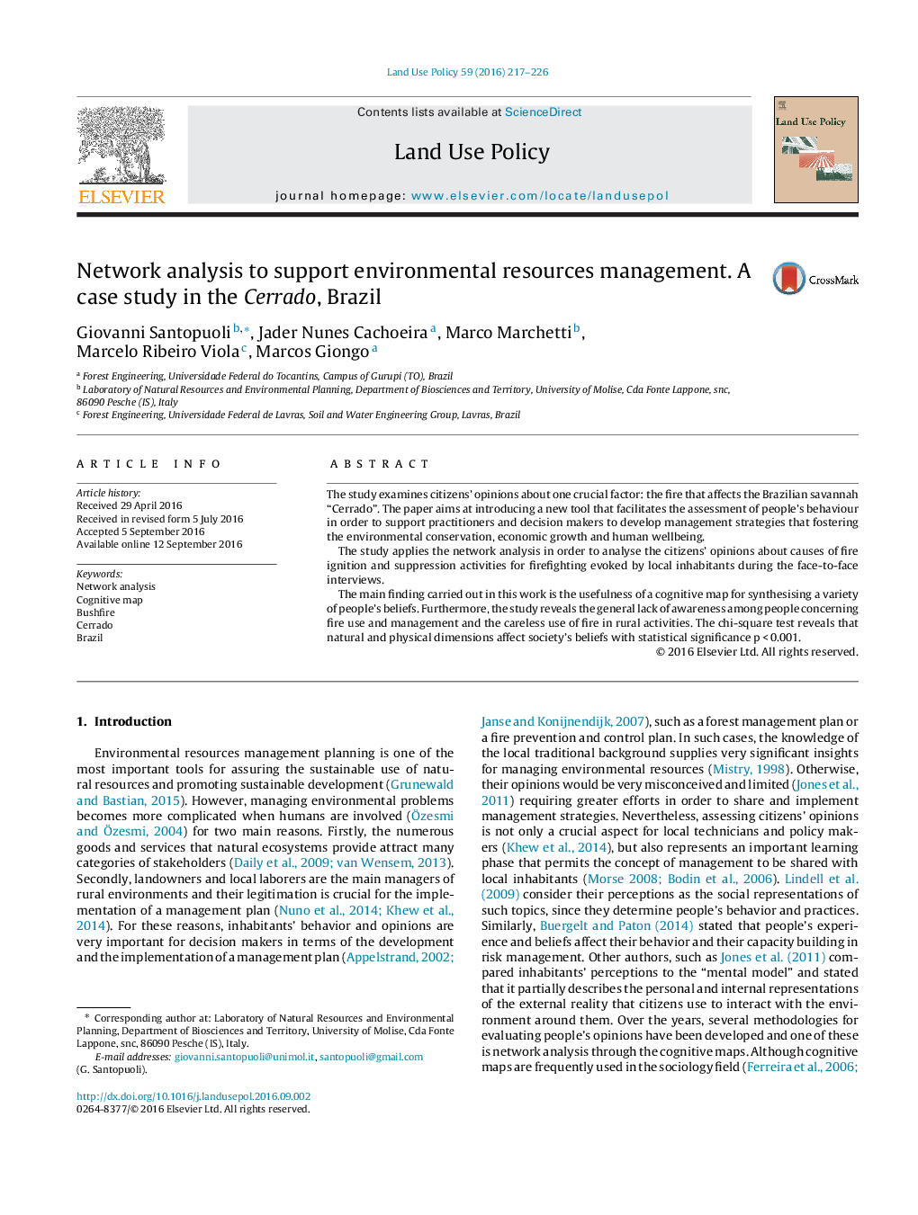 Network analysis to support environmental resources management. A case study in the Cerrado, Brazil