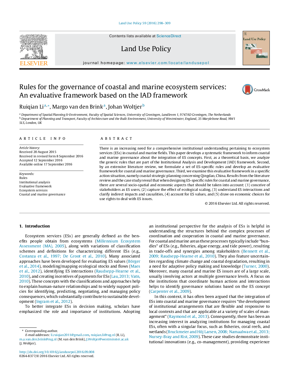 Rules for the governance of coastal and marine ecosystem services: An evaluative framework based on the IAD framework