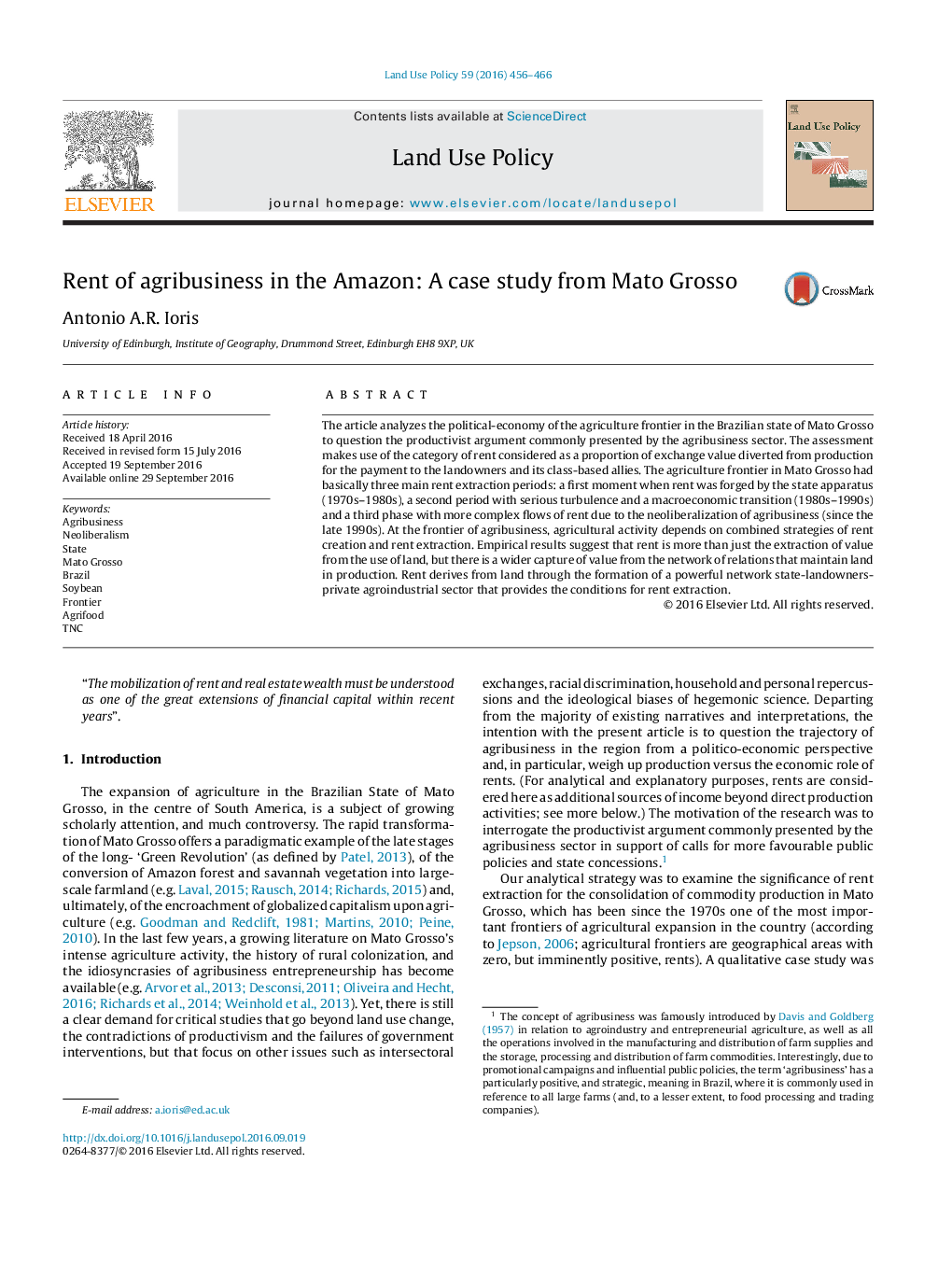 Rent of agribusiness in the Amazon: A case study from Mato Grosso