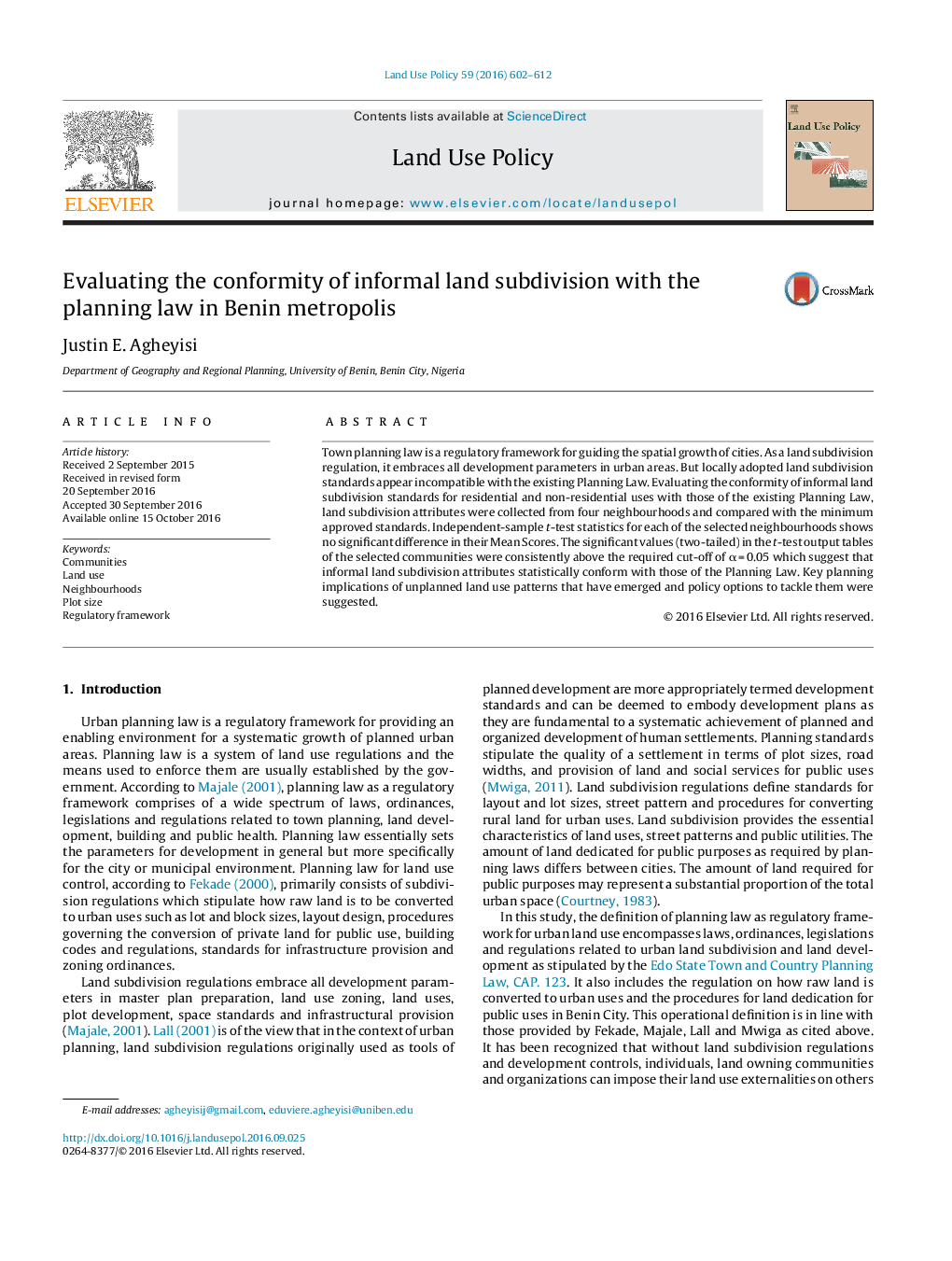 Evaluating the conformity of informal land subdivision with the planning law in Benin metropolis