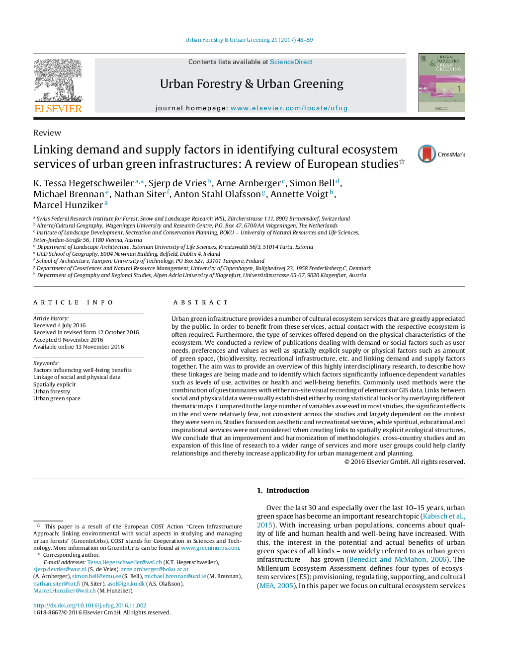 Linking demand and supply factors in identifying cultural ecosystem services of urban green infrastructures: A review of European studies