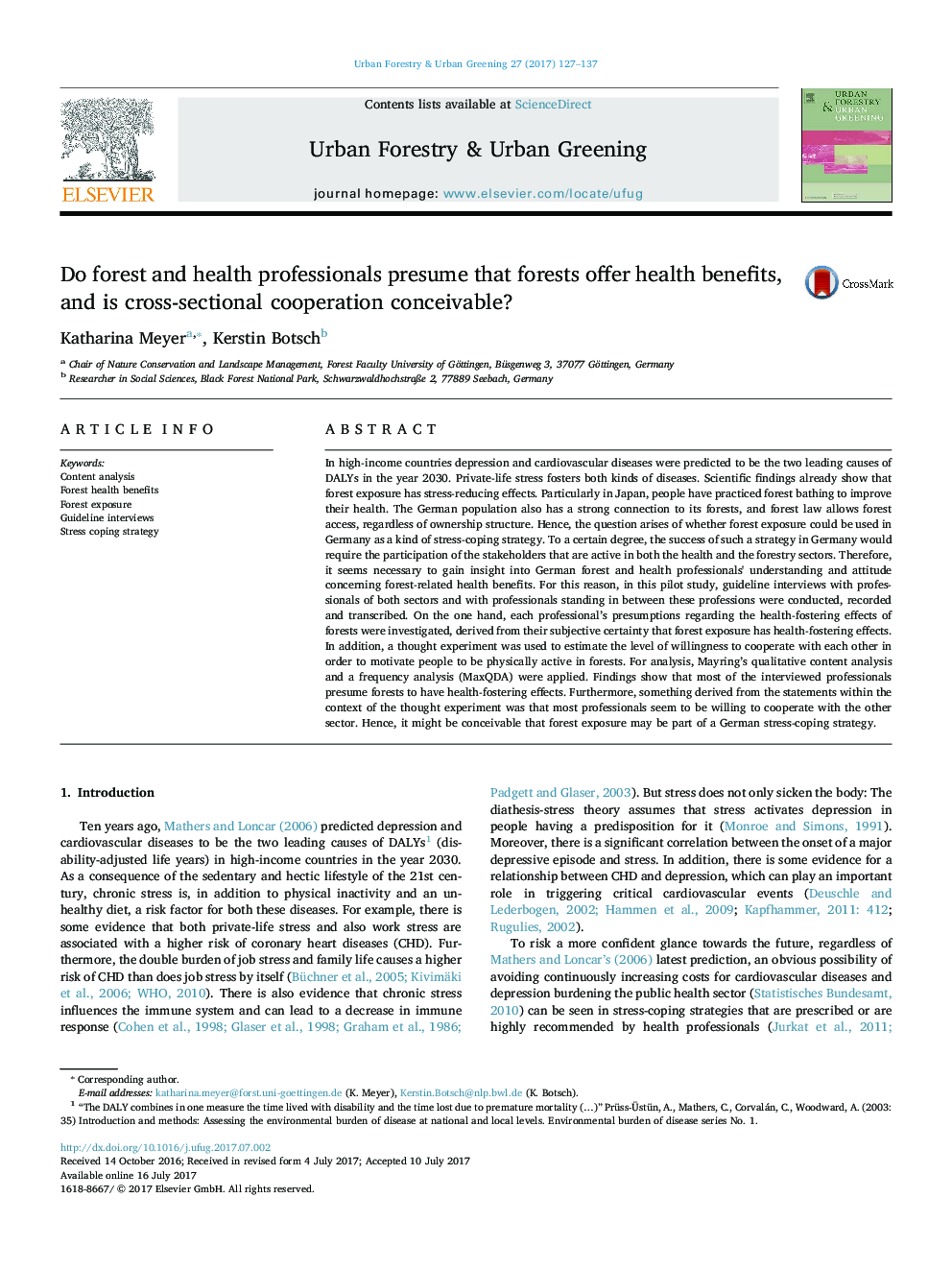 Do forest and health professionals presume that forests offer health benefits, and is cross-sectional cooperation conceivable?