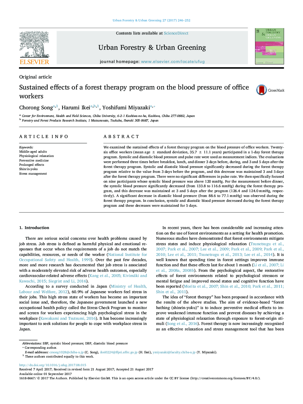 Sustained effects of a forest therapy program on the blood pressure of office workers