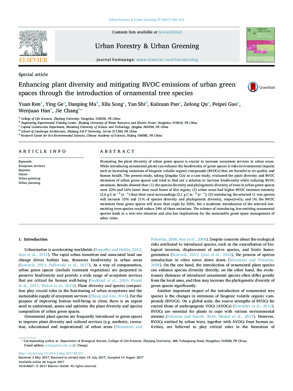 Enhancing plant diversity and mitigating BVOC emissions of urban green spaces through the introduction of ornamental tree species