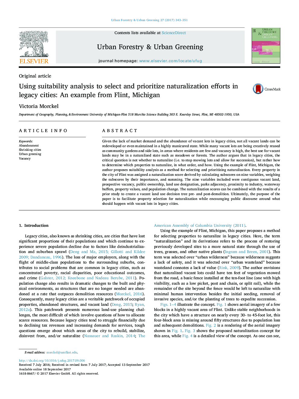 Using suitability analysis to select and prioritize naturalization efforts in legacy cities: An example from Flint, Michigan