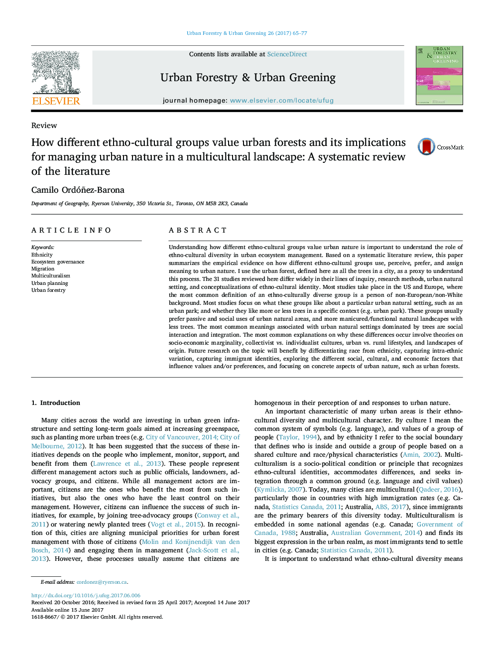 How different ethno-cultural groups value urban forests and its implications for managing urban nature in a multicultural landscape: A systematic review of the literature