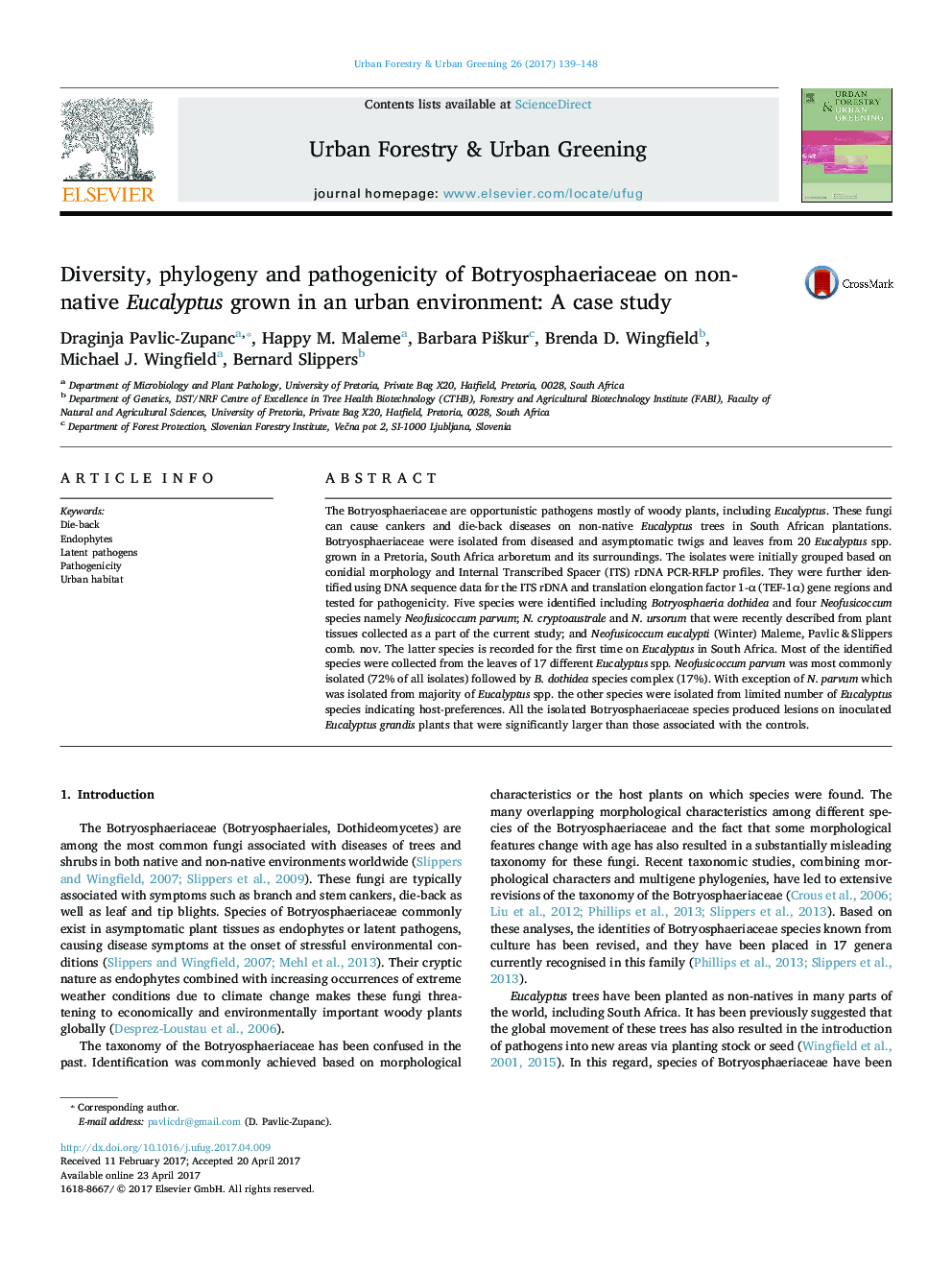 Diversity, phylogeny and pathogenicity of Botryosphaeriaceae on non-native Eucalyptus grown in an urban environment: A case study