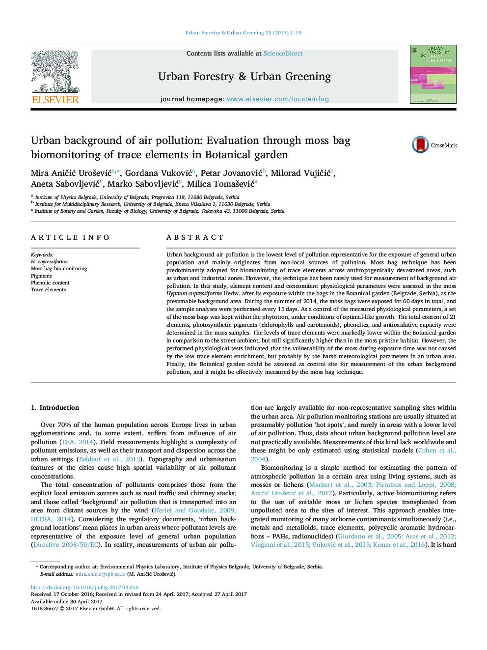 Urban background of air pollution: Evaluation through moss bag biomonitoring of trace elements in Botanical garden