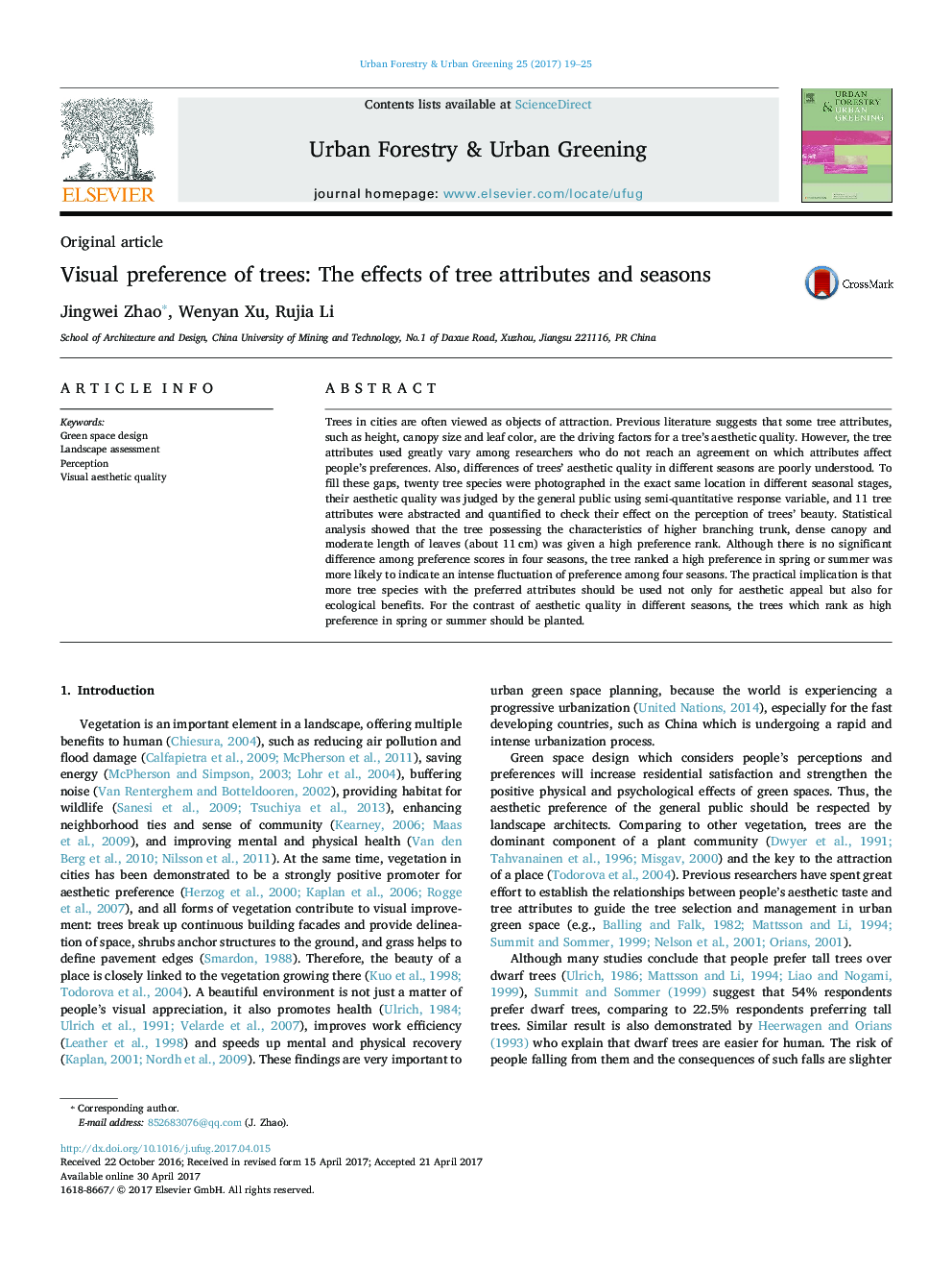 Visual preference of trees: The effects of tree attributes and seasons