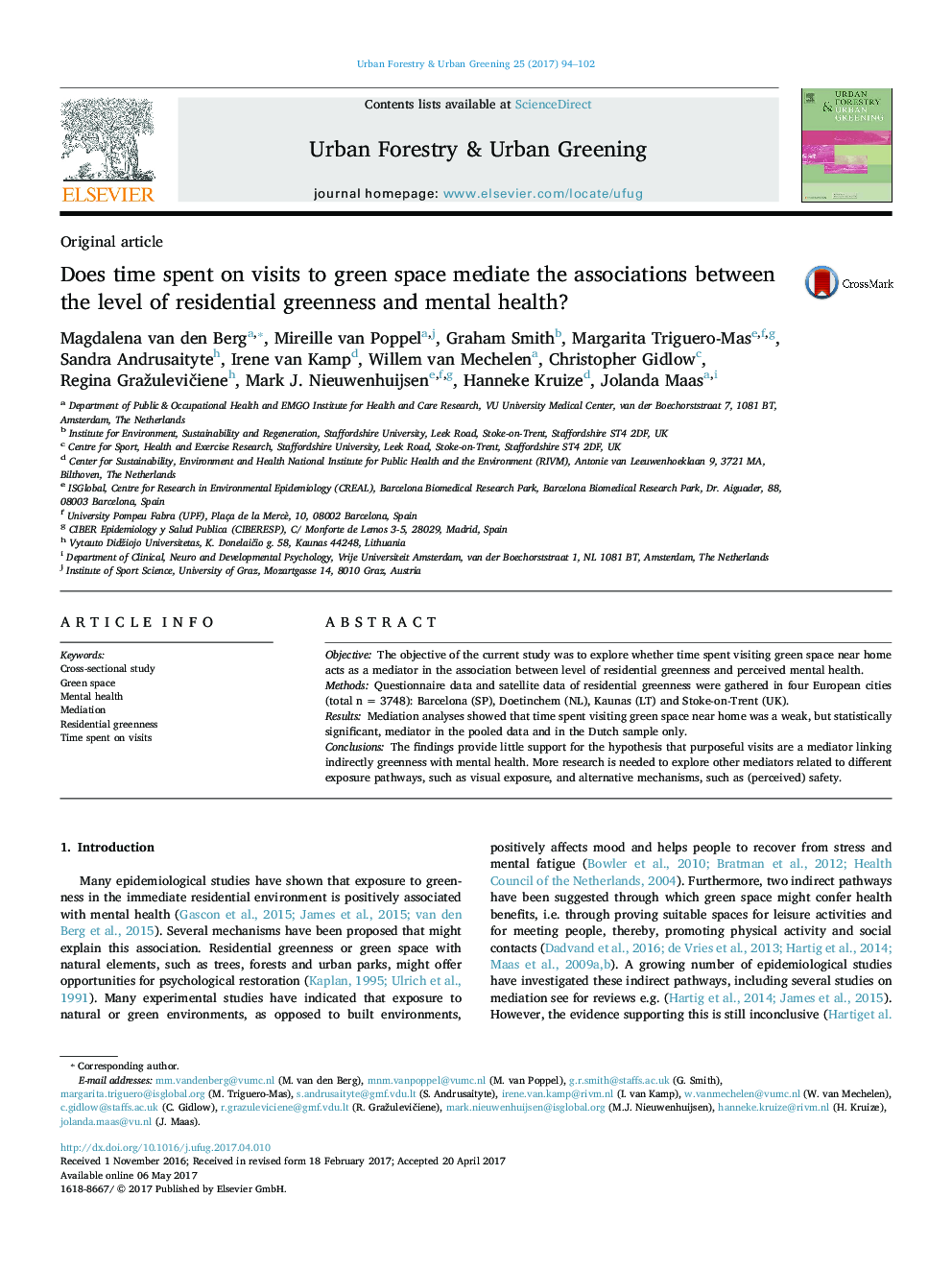 Does time spent on visits to green space mediate the associations between the level of residential greenness and mental health?