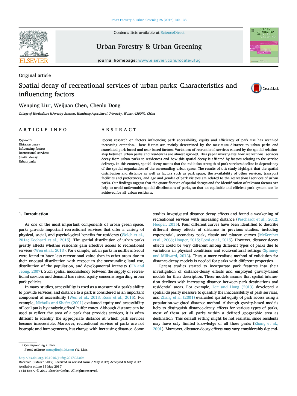 Spatial decay of recreational services of urban parks: Characteristics and influencing factors