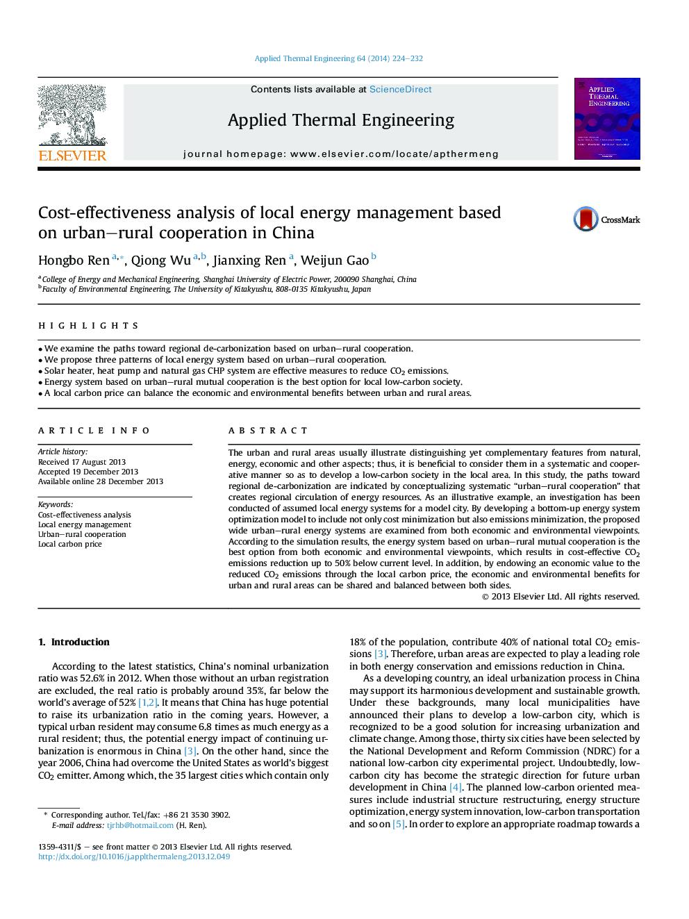 Cost-effectiveness analysis of local energy management based onÂ urban-rural cooperation in China