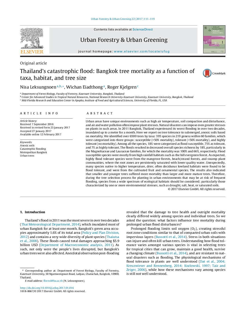 Thailand's catastrophic flood: Bangkok tree mortality as a function of taxa, habitat, and tree size