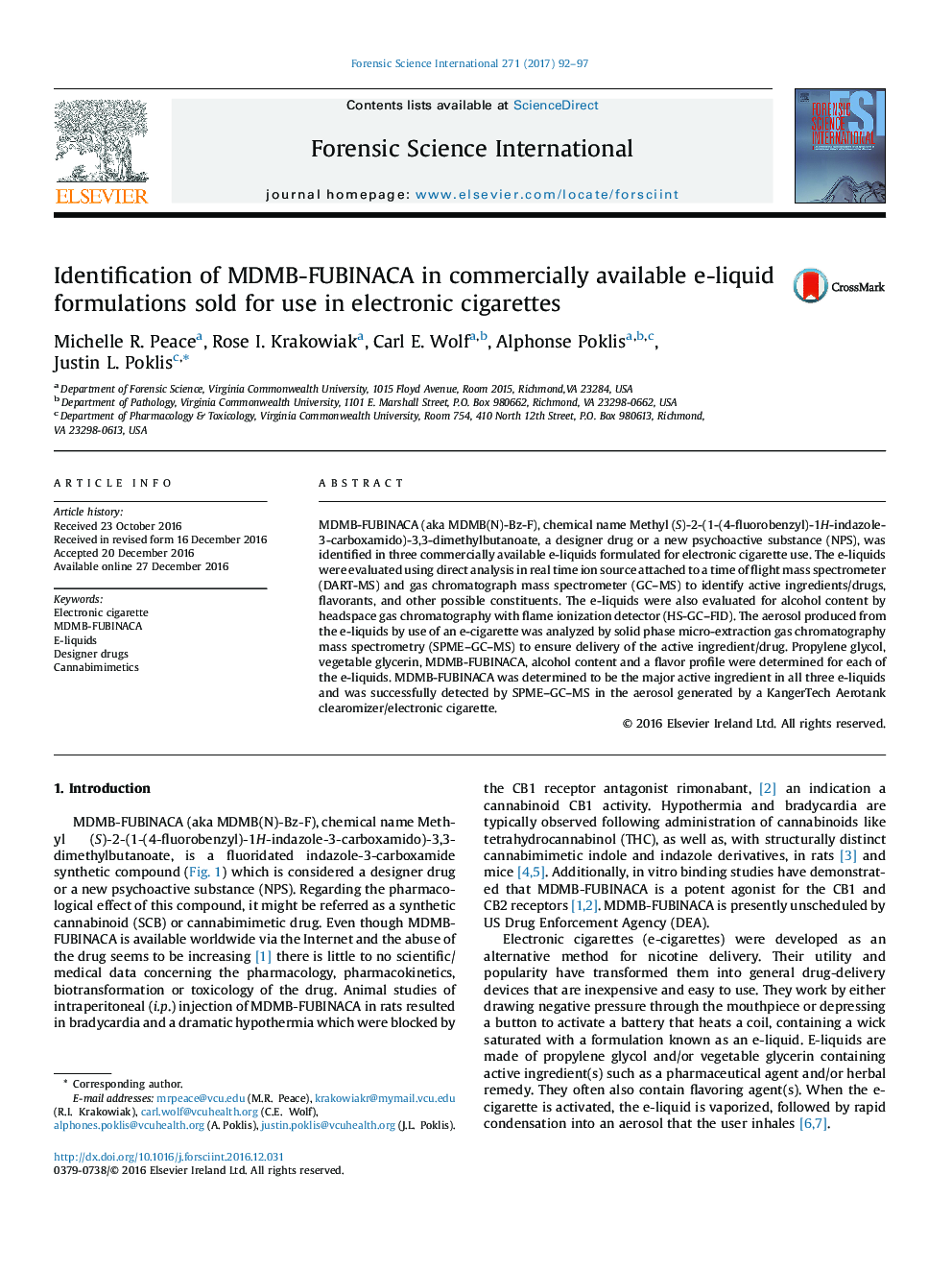 Identification of MDMB-FUBINACA in commercially available e-liquid formulations sold for use in electronic cigarettes