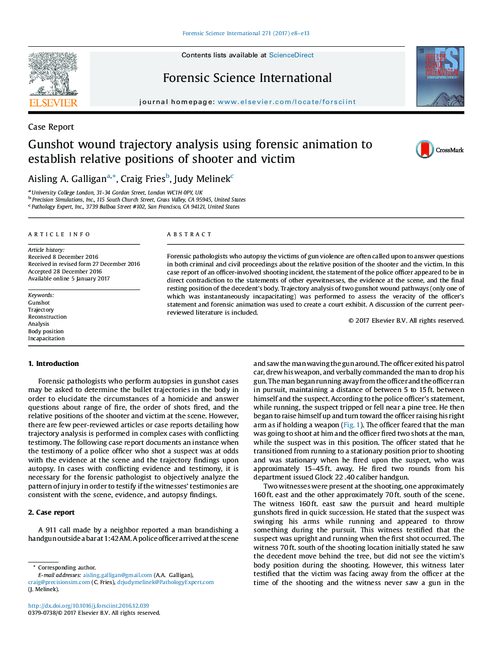 Gunshot wound trajectory analysis using forensic animation to establish relative positions of shooter and victim