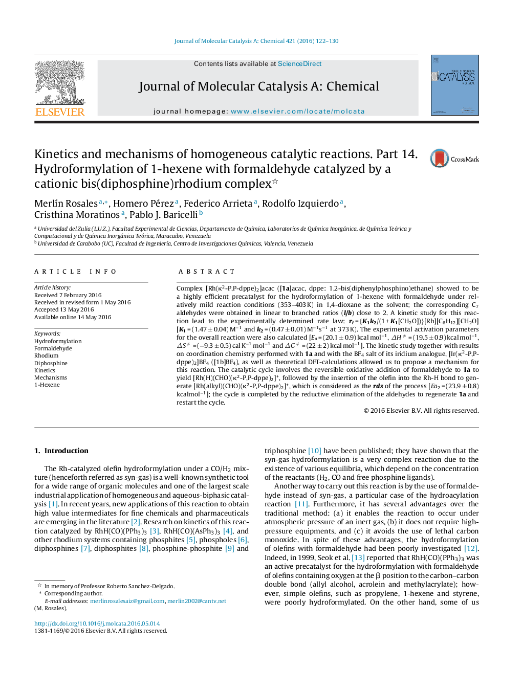 Kinetics and mechanisms of homogeneous catalytic reactions. Part 14. Hydroformylation of 1-hexene with formaldehyde catalyzed by a cationic bis(diphosphine)rhodium complex 