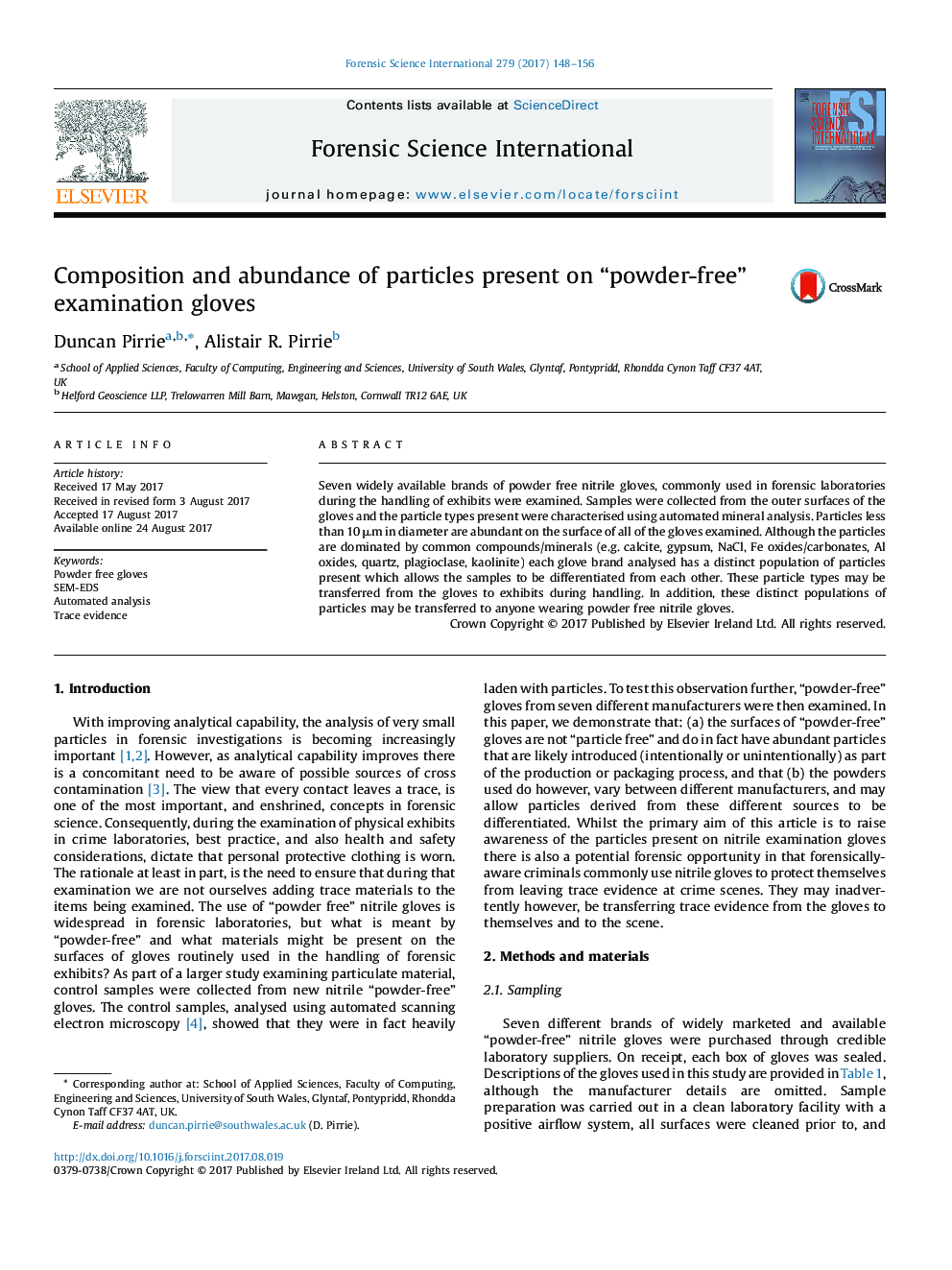 Composition and abundance of particles present on “powder-free” examination gloves