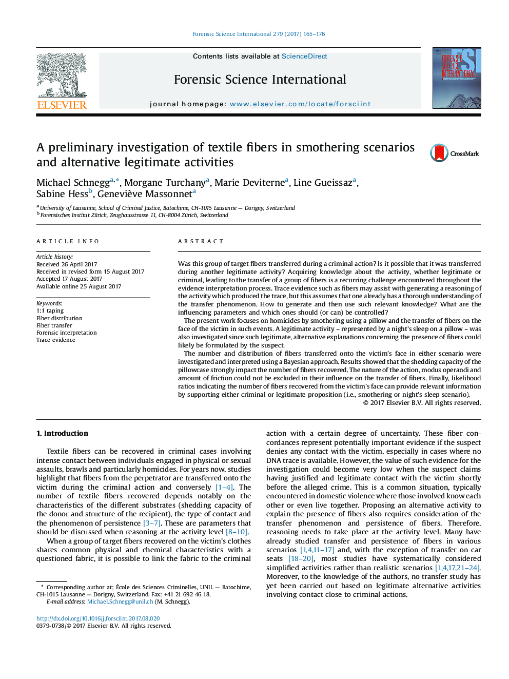 A preliminary investigation of textile fibers in smothering scenarios and alternative legitimate activities