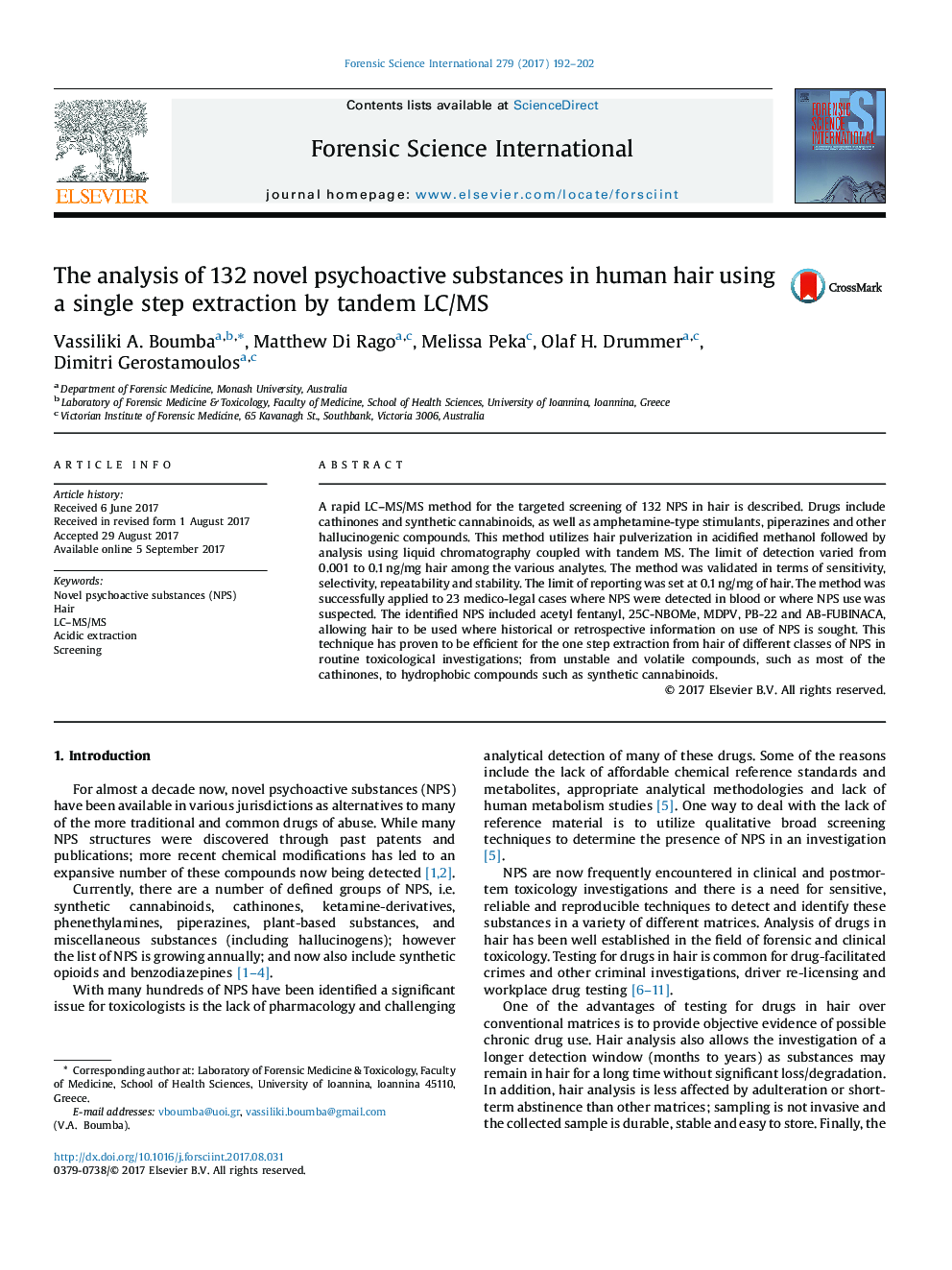 The analysis of 132 novel psychoactive substances in human hair using a single step extraction by tandem LC/MS