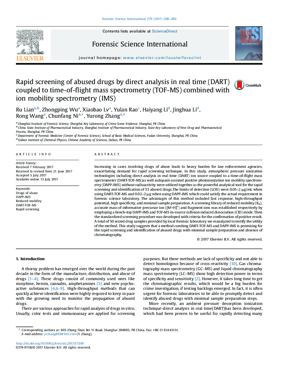 Rapid screening of abused drugs by direct analysis in real time (DART) coupled to time-of-flight mass spectrometry (TOF-MS) combined with ion mobility spectrometry (IMS)