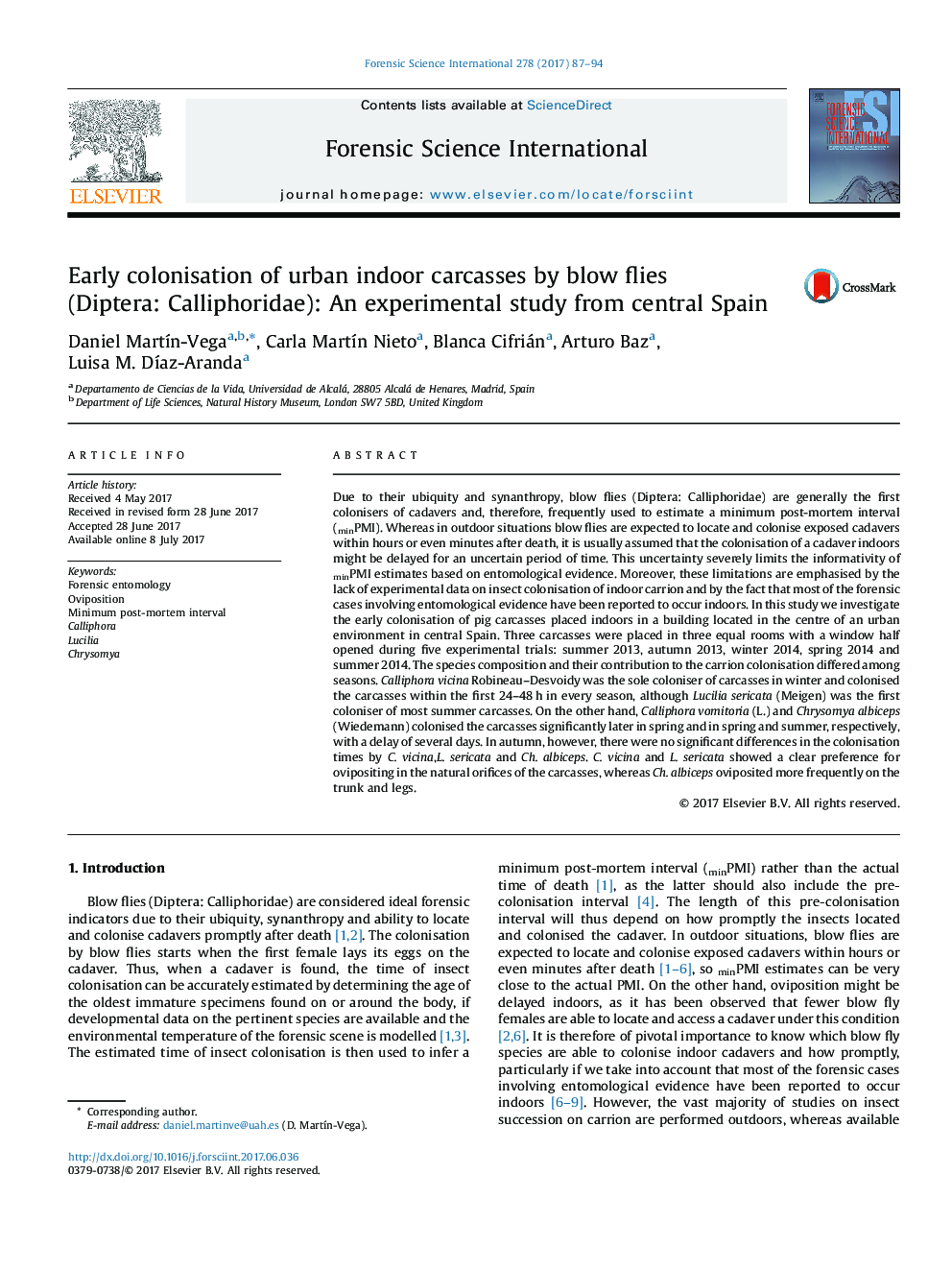 Early colonisation of urban indoor carcasses by blow flies (Diptera: Calliphoridae): An experimental study from central Spain