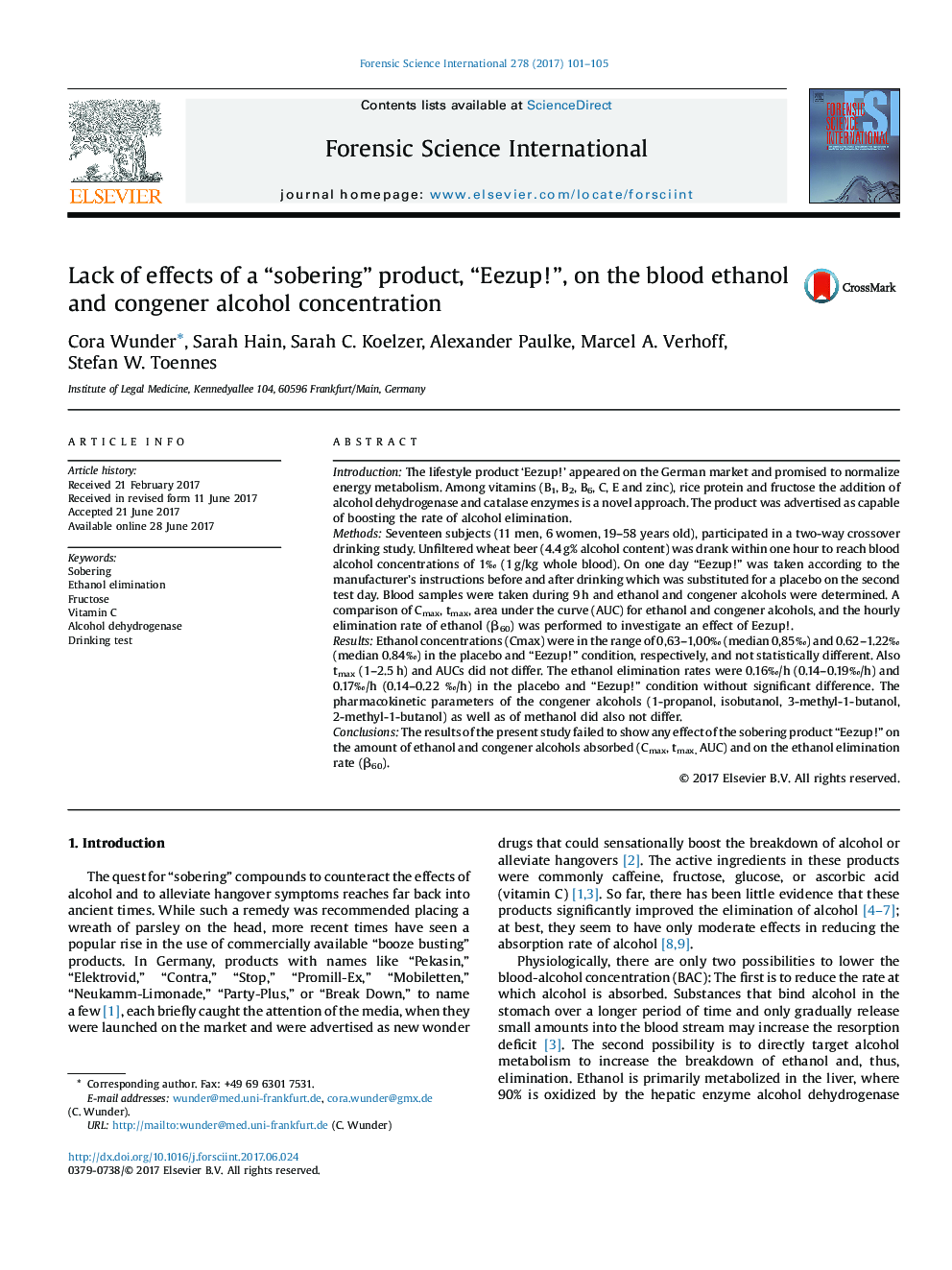 Lack of effects of a “sobering” product, “Eezup!”, on the blood ethanol and congener alcohol concentration