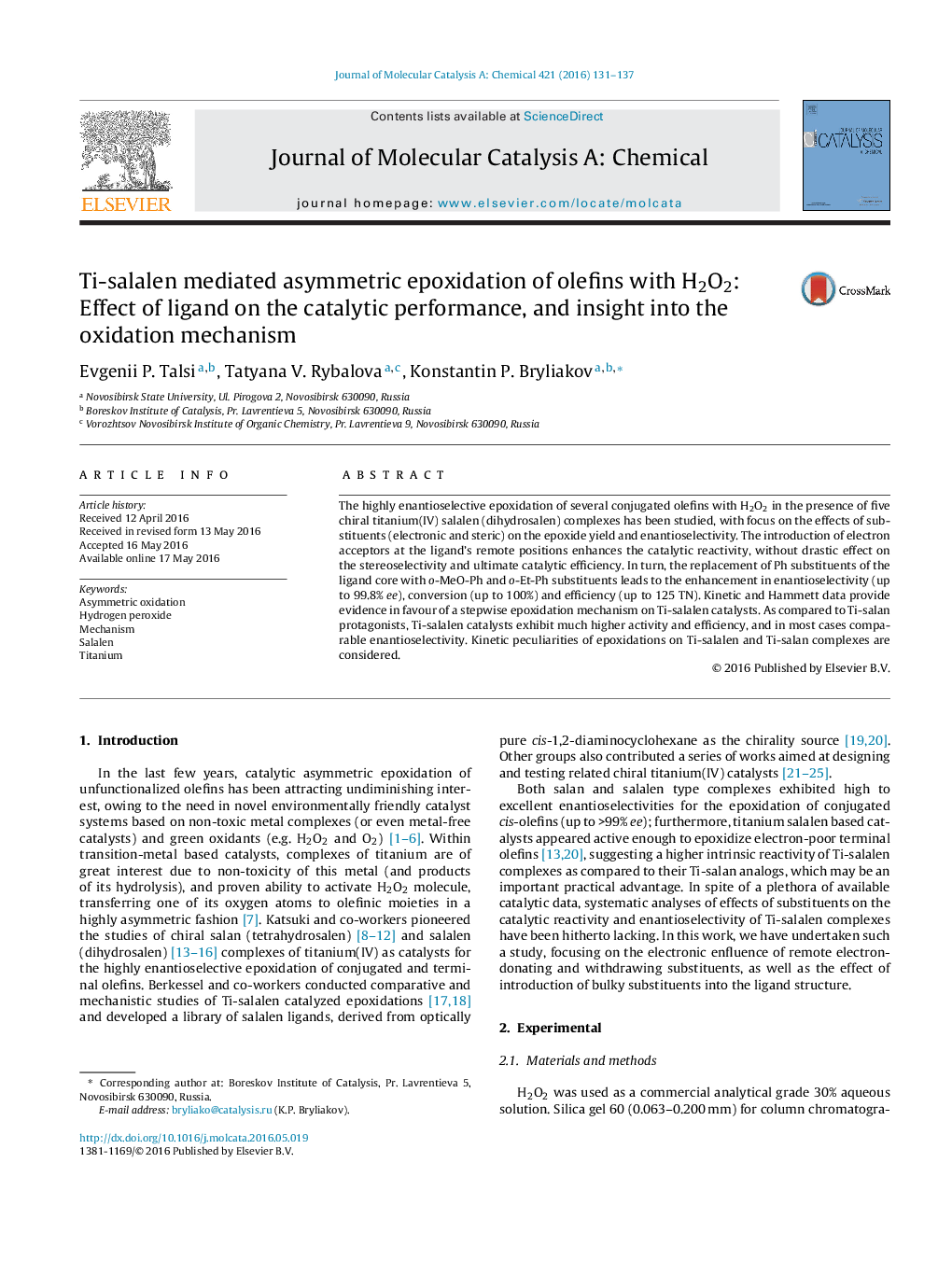 Ti-salalen mediated asymmetric epoxidation of olefins with H2O2: Effect of ligand on the catalytic performance, and insight into the oxidation mechanism