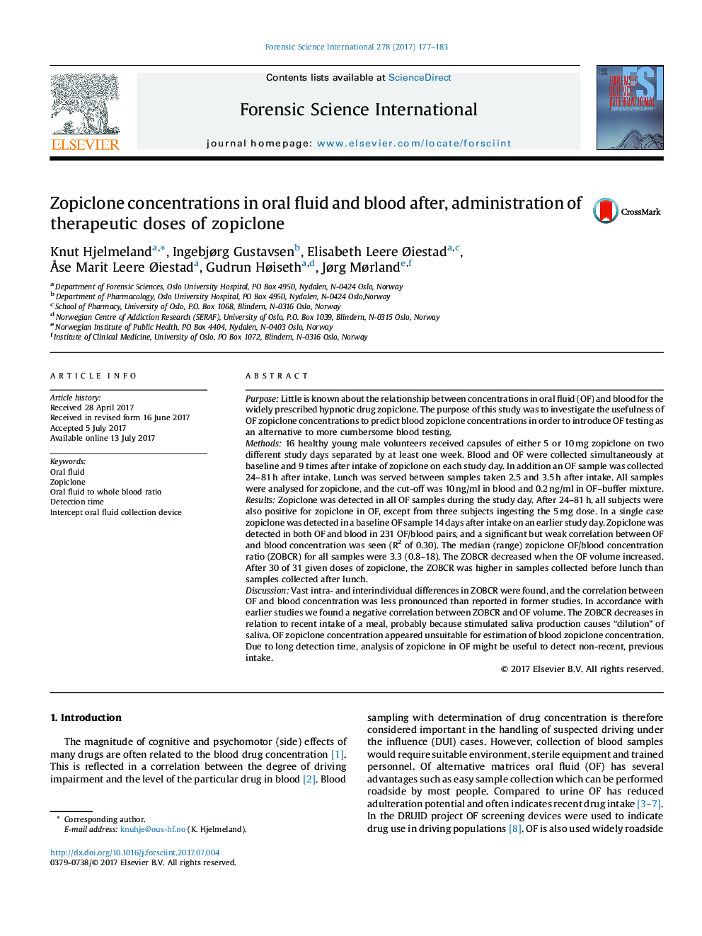Zopiclone concentrations in oral fluid and blood after, administration of therapeutic doses of zopiclone