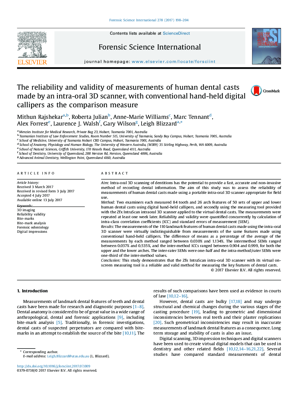 The reliability and validity of measurements of human dental casts made by an intra-oral 3D scanner, with conventional hand-held digital callipers as the comparison measure