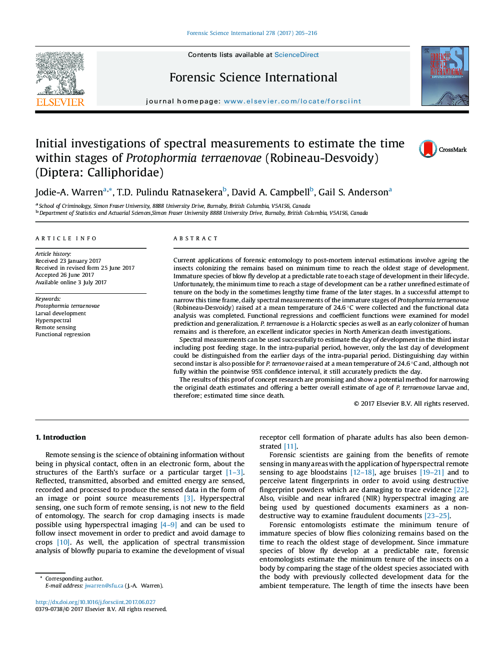 Initial investigations of spectral measurements to estimate the time within stages of Protophormia terraenovae (Robineau-Desvoidy) (Diptera: Calliphoridae)