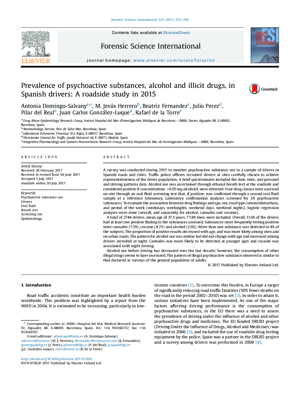 Prevalence of psychoactive substances, alcohol and illicit drugs, in Spanish drivers: A roadside study in 2015