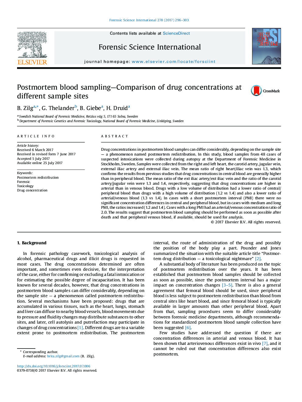 Postmortem blood sampling-Comparison of drug concentrations at different sample sites