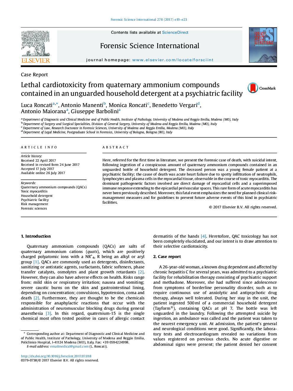 Lethal cardiotoxicity from quaternary ammonium compounds contained in an unguarded household detergent at a psychiatric facility